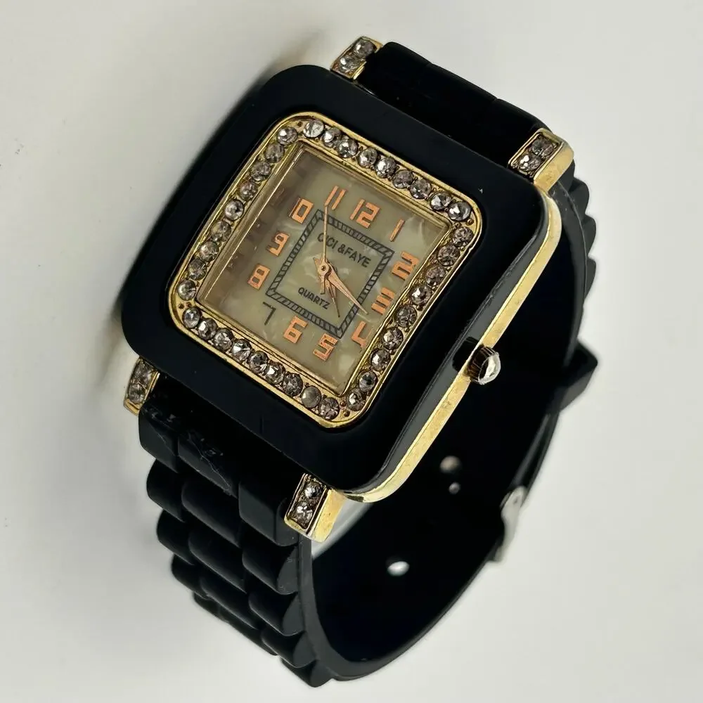 Cici & Faye Square Dial Crystal Bezel Black Silicon Band Watch New Battery